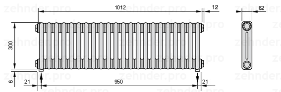 Схема (чертеж) Радиатор Zehnder Charleston 2030/22 №3570 Белый глянцевый RAL 9016